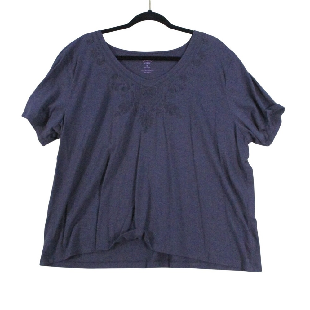 Talbots Woman T-Shirt 3X Navy Blue V-Neck Floral Embroidered Cotton Modal Blend